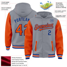 Загрузить изображение в средство просмотра галереи, Custom Gray Orange-Royal Bomber Full-Snap Varsity Letterman Two Tone Hoodie Jacket
