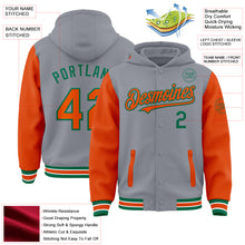 Загрузить изображение в средство просмотра галереи, Custom Gray Orange-Kelly Green Bomber Full-Snap Varsity Letterman Two Tone Hoodie Jacket
