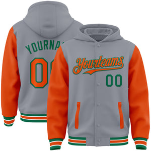 Custom Gray Orange-Kelly Green Bomber Full-Snap Varsity Letterman Two Tone Hoodie Jacket