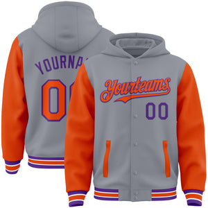 Custom Gray Orange-Purple Bomber Full-Snap Varsity Letterman Two Tone Hoodie Jacket