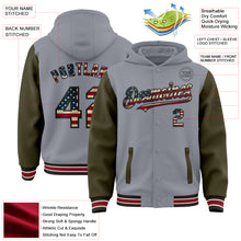 Charger l&#39;image dans la galerie, Custom Gray Vintage USA Flag Olive Black City Cream-Crimson Bomber Full-Snap Varsity Letterman Two Tone Hoodie Jacket
