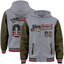 Charger l&#39;image dans la galerie, Custom Gray Vintage USA Flag Olive Black City Cream-Crimson Bomber Full-Snap Varsity Letterman Two Tone Hoodie Jacket
