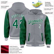 Загрузить изображение в средство просмотра галереи, Custom Gray Kelly Green-White Bomber Full-Snap Varsity Letterman Two Tone Hoodie Jacket
