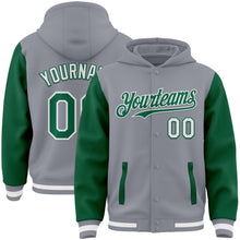 Загрузить изображение в средство просмотра галереи, Custom Gray Kelly Green-White Bomber Full-Snap Varsity Letterman Two Tone Hoodie Jacket
