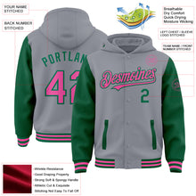 Загрузить изображение в средство просмотра галереи, Custom Gray Pink-Kelly Green Bomber Full-Snap Varsity Letterman Two Tone Hoodie Jacket
