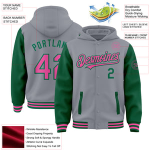 Custom Gray Pink-Kelly Green Bomber Full-Snap Varsity Letterman Two Tone Hoodie Jacket