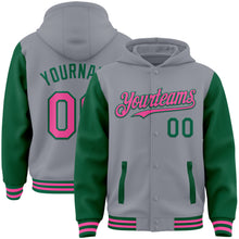 Загрузить изображение в средство просмотра галереи, Custom Gray Pink-Kelly Green Bomber Full-Snap Varsity Letterman Two Tone Hoodie Jacket
