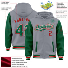 Загрузить изображение в средство просмотра галереи, Custom Gray Kelly Green-Red Bomber Full-Snap Varsity Letterman Two Tone Hoodie Jacket
