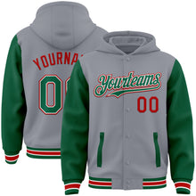 Загрузить изображение в средство просмотра галереи, Custom Gray Kelly Green-Red Bomber Full-Snap Varsity Letterman Two Tone Hoodie Jacket
