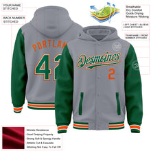 Загрузить изображение в средство просмотра галереи, Custom Gray Kelly Green-Orange Bomber Full-Snap Varsity Letterman Two Tone Hoodie Jacket
