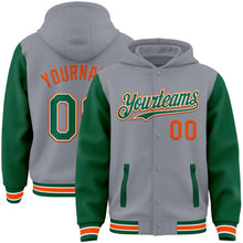 Загрузить изображение в средство просмотра галереи, Custom Gray Kelly Green-Orange Bomber Full-Snap Varsity Letterman Two Tone Hoodie Jacket
