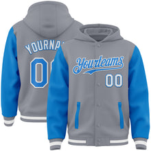 Загрузить изображение в средство просмотра галереи, Custom Gray Powder Blue-White Bomber Full-Snap Varsity Letterman Two Tone Hoodie Jacket
