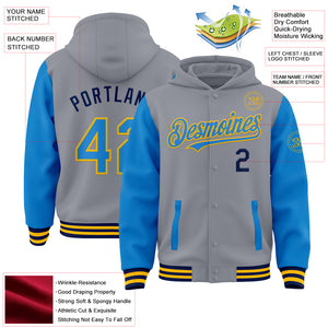 Custom Gray Powder Blue Gold-Navy Bomber Full-Snap Varsity Letterman Two Tone Hoodie Jacket