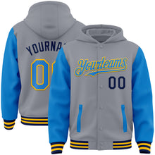 Загрузить изображение в средство просмотра галереи, Custom Gray Powder Blue Gold-Navy Bomber Full-Snap Varsity Letterman Two Tone Hoodie Jacket
