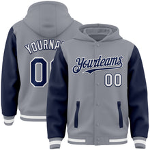 Загрузить изображение в средство просмотра галереи, Custom Gray Navy-White Bomber Full-Snap Varsity Letterman Two Tone Hoodie Jacket
