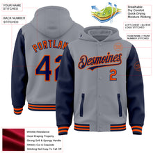 Загрузить изображение в средство просмотра галереи, Custom Gray Navy-Orange Bomber Full-Snap Varsity Letterman Two Tone Hoodie Jacket
