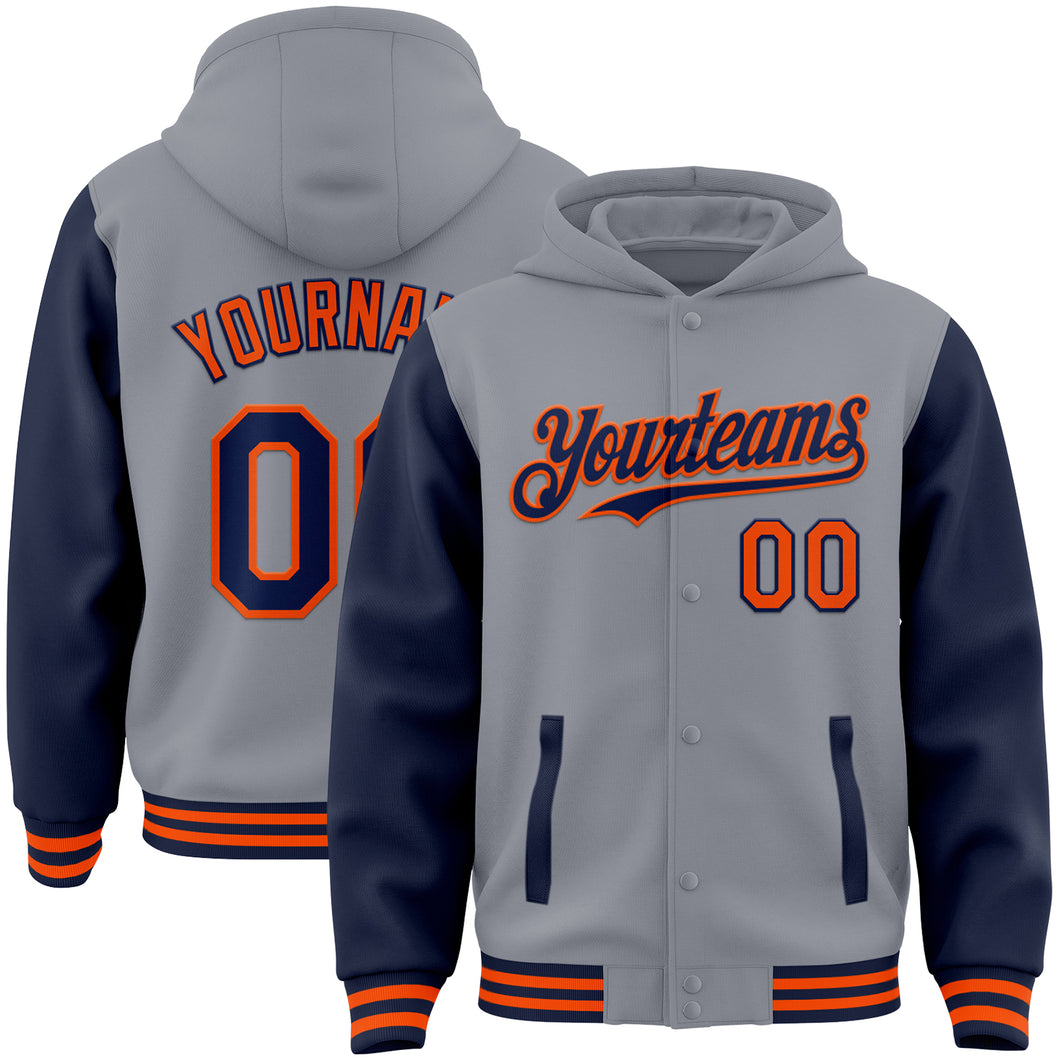 Custom Gray Navy-Orange Bomber Full-Snap Varsity Letterman Two Tone Hoodie Jacket