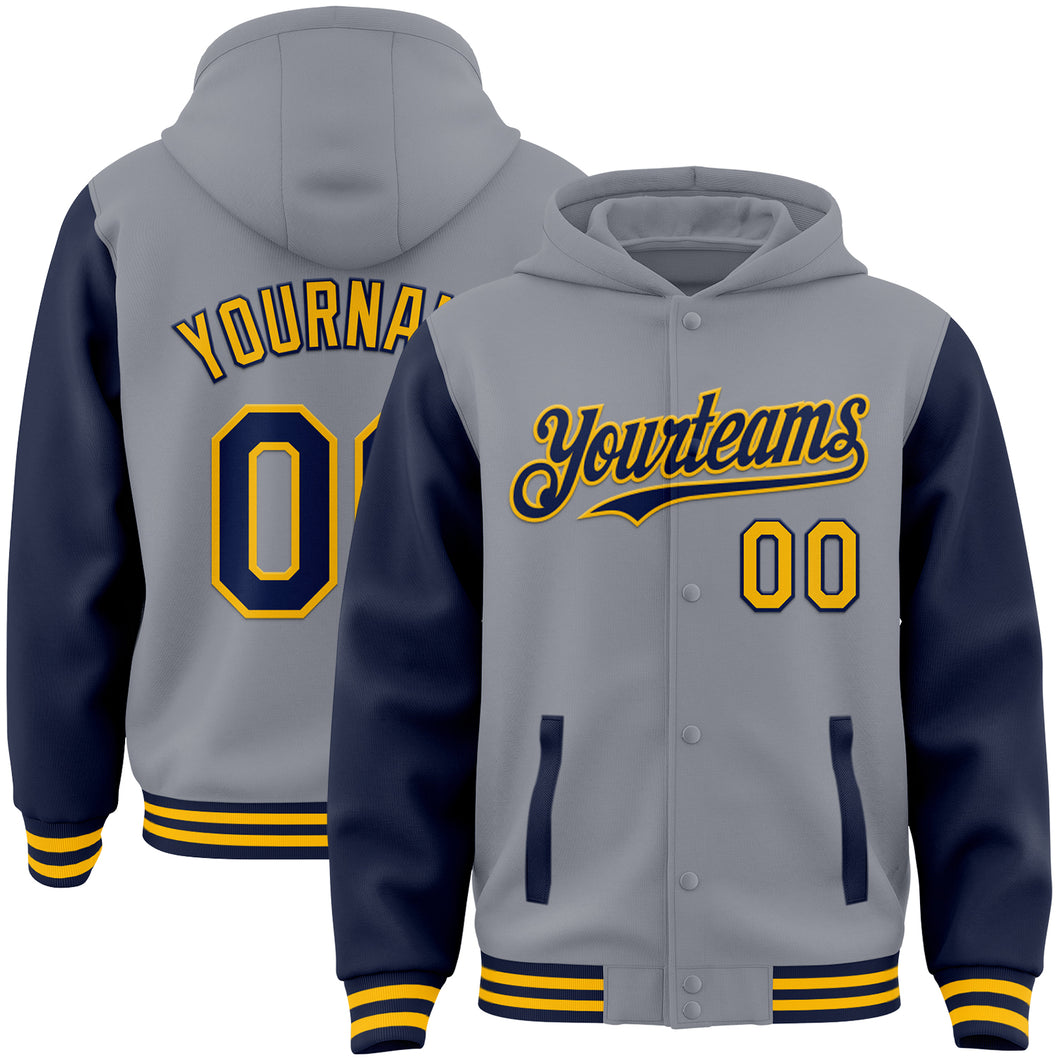 Custom Gray Navy-Gold Bomber Full-Snap Varsity Letterman Two Tone Hoodie Jacket