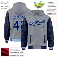 Загрузить изображение в средство просмотра галереи, Custom Gray Navy-Light Blue Bomber Full-Snap Varsity Letterman Two Tone Hoodie Jacket
