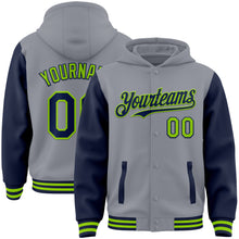 Загрузить изображение в средство просмотра галереи, Custom Gray Navy-Neon Green Bomber Full-Snap Varsity Letterman Two Tone Hoodie Jacket
