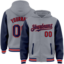 Загрузить изображение в средство просмотра галереи, Custom Gray Navy-Red Bomber Full-Snap Varsity Letterman Two Tone Hoodie Jacket
