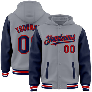 Custom Gray Navy-Red Bomber Full-Snap Varsity Letterman Two Tone Hoodie Jacket