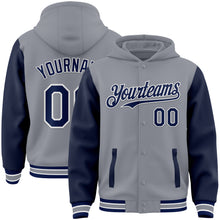 Загрузить изображение в средство просмотра галереи, Custom Gray Navy-White Bomber Full-Snap Varsity Letterman Two Tone Hoodie Jacket
