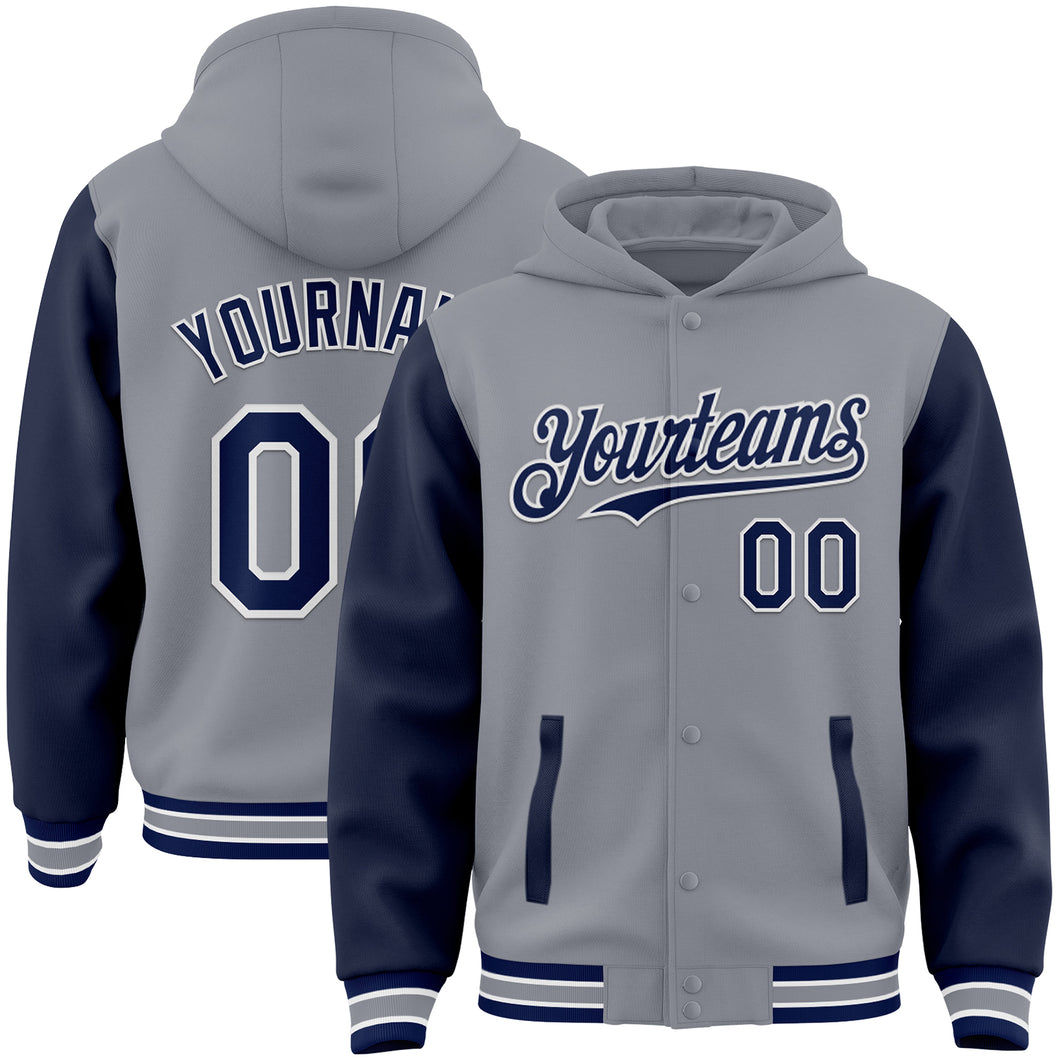 Custom Gray Navy-White Bomber Full-Snap Varsity Letterman Two Tone Hoodie Jacket