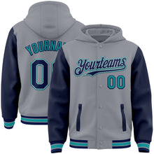 Загрузить изображение в средство просмотра галереи, Custom Gray Navy-Teal Bomber Full-Snap Varsity Letterman Two Tone Hoodie Jacket
