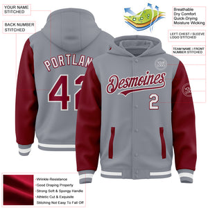 Custom Gray Crimson-White Bomber Full-Snap Varsity Letterman Two Tone Hoodie Jacket