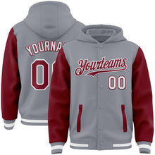 Загрузить изображение в средство просмотра галереи, Custom Gray Crimson-White Bomber Full-Snap Varsity Letterman Two Tone Hoodie Jacket
