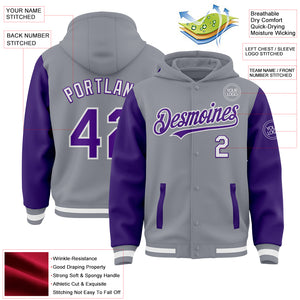 Custom Gray Purple-White Bomber Full-Snap Varsity Letterman Two Tone Hoodie Jacket