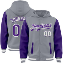 Charger l&#39;image dans la galerie, Custom Gray Purple-White Bomber Full-Snap Varsity Letterman Two Tone Hoodie Jacket
