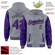 Загрузить изображение в средство просмотра галереи, Custom Gray Purple-Black Bomber Full-Snap Varsity Letterman Two Tone Hoodie Jacket
