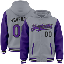 Загрузить изображение в средство просмотра галереи, Custom Gray Purple-Black Bomber Full-Snap Varsity Letterman Two Tone Hoodie Jacket
