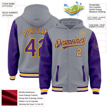 Загрузить изображение в средство просмотра галереи, Custom Gray Purple-Gold Bomber Full-Snap Varsity Letterman Two Tone Hoodie Jacket
