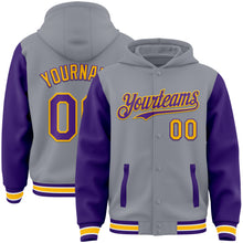 Загрузить изображение в средство просмотра галереи, Custom Gray Purple-Gold Bomber Full-Snap Varsity Letterman Two Tone Hoodie Jacket
