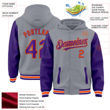 Загрузить изображение в средство просмотра галереи, Custom Gray Purple-Orange Bomber Full-Snap Varsity Letterman Two Tone Hoodie Jacket
