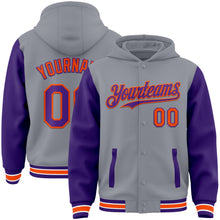 Загрузить изображение в средство просмотра галереи, Custom Gray Purple-Orange Bomber Full-Snap Varsity Letterman Two Tone Hoodie Jacket
