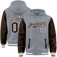 Загрузить изображение в средство просмотра галереи, Custom Gray Brown-White Bomber Full-Snap Varsity Letterman Two Tone Hoodie Jacket
