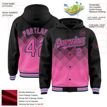 Загрузить изображение в средство просмотра галереи, Custom Black Pink-Light Blue Gradient Square Shape 3D Pattern Design Bomber Full-Snap Varsity Letterman Hoodie Jacket
