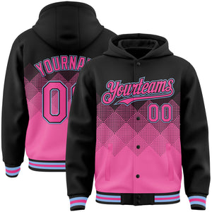 Custom Black Pink-Light Blue Gradient Square Shape 3D Pattern Design Bomber Full-Snap Varsity Letterman Hoodie Jacket