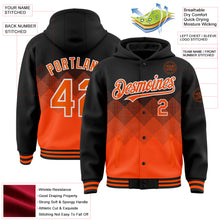 Charger l&#39;image dans la galerie, Custom Black Orange-White Gradient Square Shape 3D Pattern Design Bomber Full-Snap Varsity Letterman Hoodie Jacket
