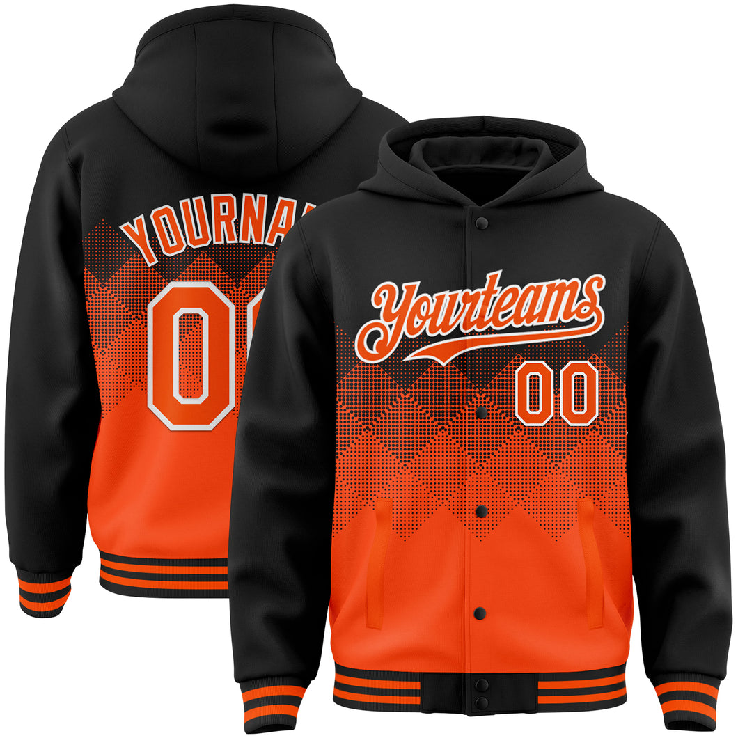 Custom Black Orange-White Gradient Square Shape 3D Pattern Design Bomber Full-Snap Varsity Letterman Hoodie Jacket