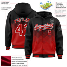 Charger l&#39;image dans la galerie, Custom Black Red-White Gradient Square Shape 3D Pattern Design Bomber Full-Snap Varsity Letterman Hoodie Jacket
