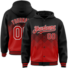 Charger l&#39;image dans la galerie, Custom Black Red-White Gradient Square Shape 3D Pattern Design Bomber Full-Snap Varsity Letterman Hoodie Jacket
