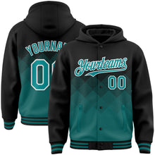 Загрузить изображение в средство просмотра галереи, Custom Black Teal-White Gradient Square Shape 3D Pattern Design Bomber Full-Snap Varsity Letterman Hoodie Jacket
