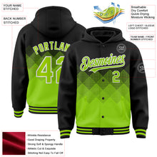 Charger l&#39;image dans la galerie, Custom Black Neon Green-White Gradient Square Shape 3D Pattern Design Bomber Full-Snap Varsity Letterman Hoodie Jacket
