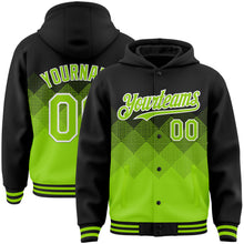 Charger l&#39;image dans la galerie, Custom Black Neon Green-White Gradient Square Shape 3D Pattern Design Bomber Full-Snap Varsity Letterman Hoodie Jacket
