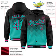 Загрузить изображение в средство просмотра галереи, Custom Black Aqua-Pink Gradient Square Shape 3D Pattern Design Bomber Full-Snap Varsity Letterman Hoodie Jacket
